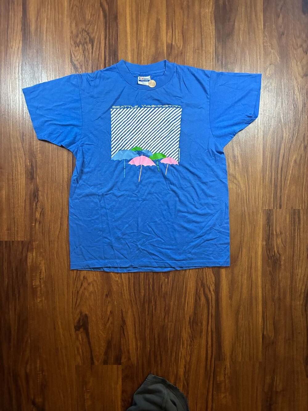 Hanes Seattle Washington T-Shirt Size L 42-44 Blue Vintage 1985 Single Stitch